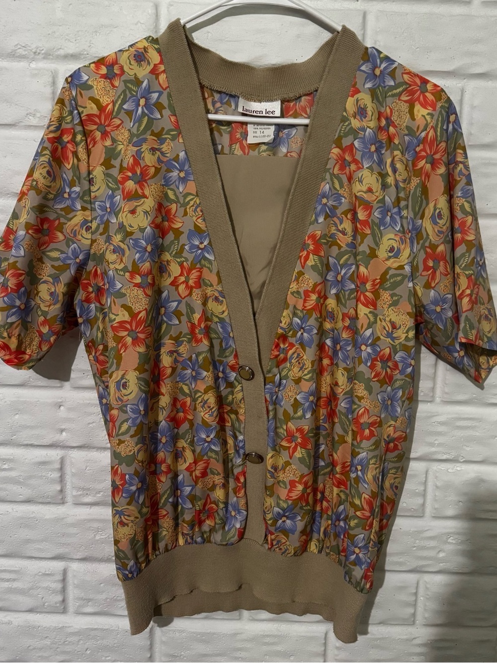 Vintage Lauren Lee Button Blouse Women’s 14 Blue Orange Floral Pullover Top